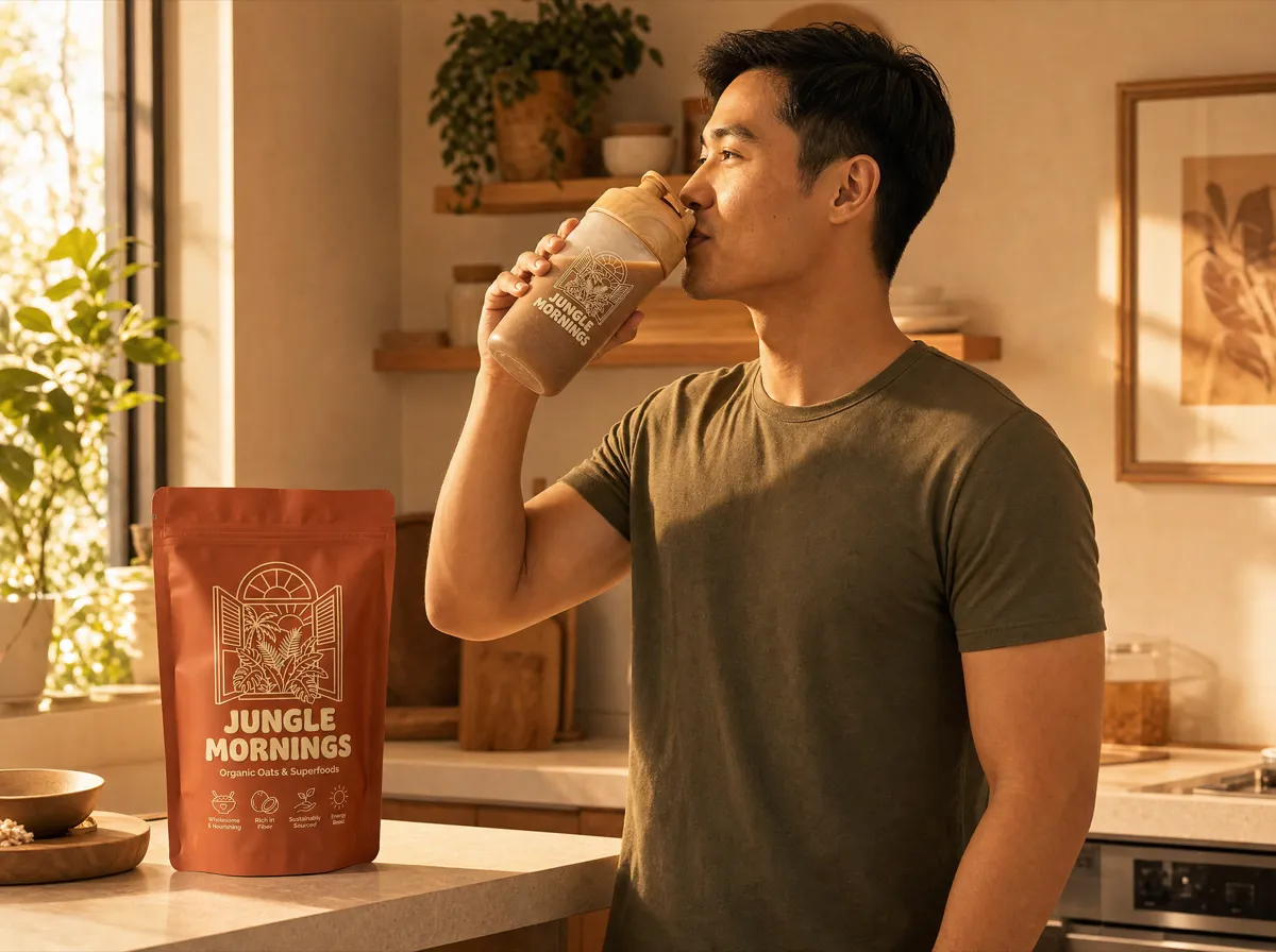 Starting the day with a Jungle Mornings shake in a warm morning kitchen